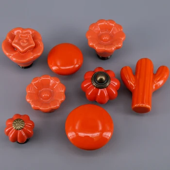 1x Ручки для детских ящиков из керамики оранжевого цвета, дверные ручки в форме кактуса, совы и цветка, ручки для выдвижных ящиков шкафа для детской комнаты