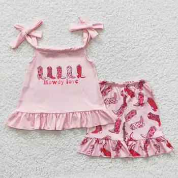2023 Новые продукты RTS для малышей 2 шт. Летние костюмы Детский Бутик Розовый комплект одежды для девочек в западном стиле