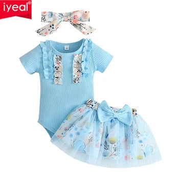 IYEAL/ Комплекты модной одежды для новорожденных малышей и маленьких девочек, ползунки с цветочным принтом, топы с длинными рукавами + юбка-пачка + повязка на голову, комплект одежды из 3 предметов