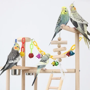 K5DC Подставка для птиц, лестничная платформа, жевательная игрушка, подставка для жердочек для попугаев с чашкой для кормления