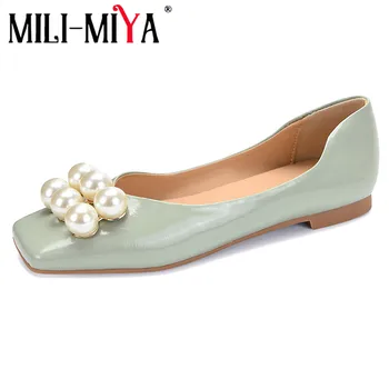 MILI-MIYA, Новое поступление, женские туфли на плоской подошве из натуральной кожи с квадратным носком, без шнуровки, однотонные повседневные вечерние туфли с бусинами
