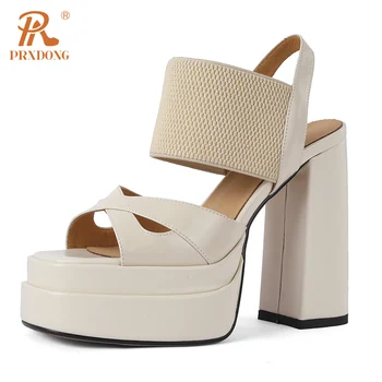 PRXDONG/ Новый бренд, летняя обувь из натуральной кожи на платформе и высоком массивном каблуке, босоножки, Бежево-коричневое платье, вечерние Офисные женские туфли, Размер 34-39
