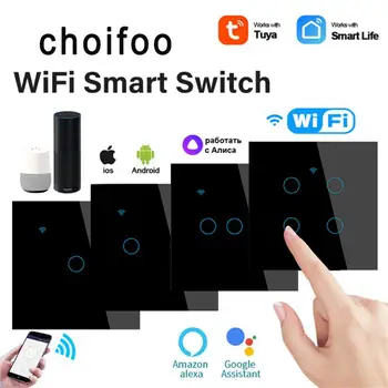 Tuya Wifi Smart Touch Switch Нейтральный Провод Стандартный Сенсорный Выключатель Ес Работает С Alexa Google Home 1/2/3/4gang Smart Light Wall Butt