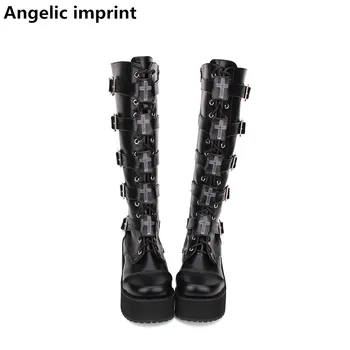 Ангельский отпечаток mori girl/ Женская мотоциклетная обувь в стиле панк, женские ботинки в стиле лолиты на высоком каблуке, женские туфли-лодочки под платье принцессы с пряжкой 33-47, 8 см