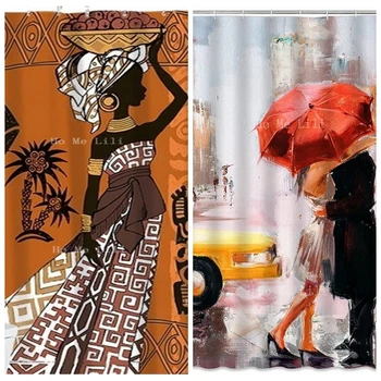Африканские женщины, Нью-Йорк, Занавеска для душа, Пара Желтых Автомобилей, Стиль масляной живописи, Декор ванной комнаты в американском современном городе