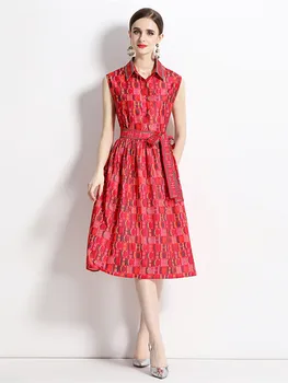 Без рукавов лето подиумная мода Письмо печати рубашка платье красные женские однобортный галстук-бабочка на шнуровке линия миди платье Vestidos
