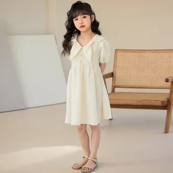 Белое платье принцессы для девочек, лето 2023, новая модная одежда в корейском стиле, элегантное платье принцессы для детей, #7383