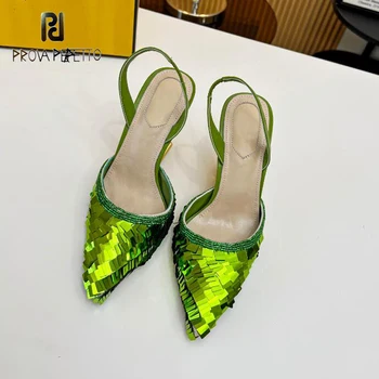 Блестящие женские туфли для подиума с блестками, босоножки на высоком каблуке без застежки с острым носком, новинка 2023 года, фантастическая дизайнерская обувь Sapato
