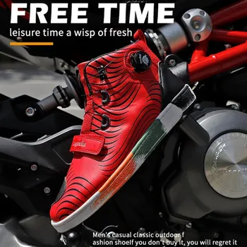 Винтажные кожаные мотоциклетные ботинки, мужская повседневная мотоциклетная обувь, черные, красные туристические байкерские ботинки для верховой езды, износостойкие