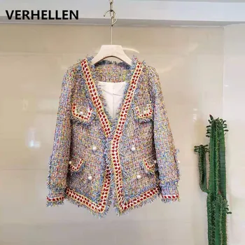 Высококачественные дизайнерские женские твидовые куртки для подиума VERHELLEN 2020, осенне-зимние женские тонкие твидовые пальто с длинными рукавами и жемчужными пуговицами