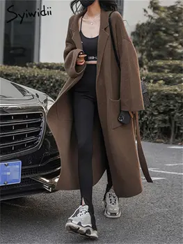 Вязаный тренч Syiwidii для женщин, осень-Зима 2023, модный винтажный тренч с карманами на поясе, Повседневное Однотонное Свободное длинное пальто