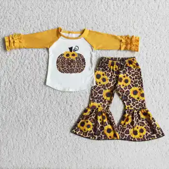 Горячие товары оптом RTS Детские наряды с тыквой Для девочек, расклешенные штаны с подсолнухом и леопардом, осенние комплекты одежды для малышей