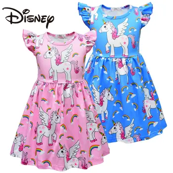 Детские платья Disney с рисунком единорога, Летние летящие рукава с круглым вырезом, Милые И модные платья для девочек для детей
