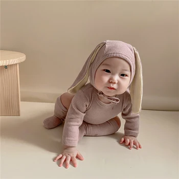 Детский комбинезон из трех предметов, одежда для новорожденных мальчиков и девочек, милый костюм с заячьими ушками