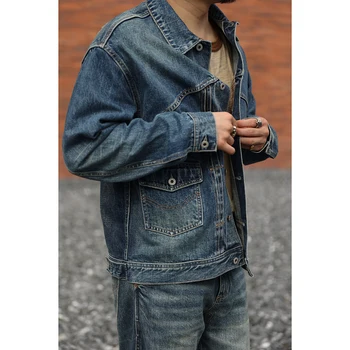 Джинсовая куртка из стираной джинсовой ткани второго порядка в винтажном стиле для мужчин синего цвета