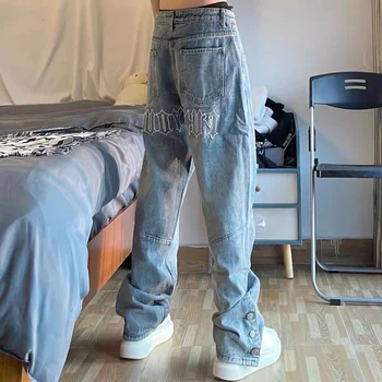 Джинсы с надписью Street behind, американские мешковатые брюки с широкими разрезами в стиле хип-хоп, готические джинсовые брюки в стиле хип-хоп на пуговицах, мужская уличная одежда в стиле панк