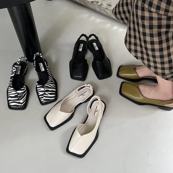 Женские сандалии с квадратным носком; Модный тренд Baotou; Повседневная обувь на низком каблуке с плоской подошвой и эластичной лентой сзади; Sandale Femme