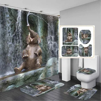 Животное-слон, играющее с водой; Набор штор для душа; 3D принт; Комплект штор для ванной; Набор ковриков для ванны; Коврик для пола; коврик для туалета; Домашний декор