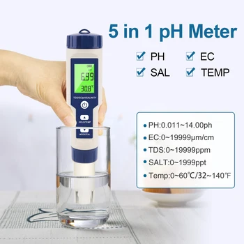 Измеритель солености и температуры 5 В 1 PH TDS EC, Цифровой монитор качества воды, Тестер ручки для бассейнов, аквариумов с питьевой водой