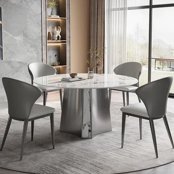 Итальянский Минималистичный обеденный стол из блестящей каменной плиты, круглый стол с поворотным кругом, обеденный стол и стул бытовой круглой формы