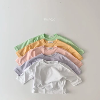 Корейская детская футболка 2023, детская осенняя одежда, базовая рубашка с мягким низом, одежда для маленьких девочек, футболки, Одежда для маленьких мальчиков, топы на бретелях, новые
