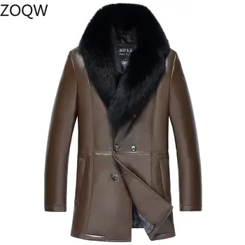 Куртка из натуральной кожи, мужской кожаный пуховик, мужская кожаная ветровка с лисьим воротником, куртки средней длины, мужская зимняя куртка FCY