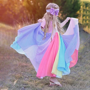 Летнее новое модное платье для девочек, радужное сетчатое платье с коротким рукавом, милые платья принцесс для девочек