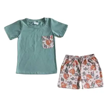 Летняя Одежда для маленьких мальчиков 2023 года с принтом западного Яка, Мятно-Зеленый Топ с карманами и коротким рукавом для малышей