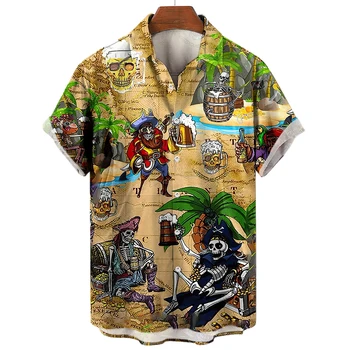 Мужская рубашка с рисунком черепа и пирата, летние уличные рубашки в стиле хип-хоп харадзюку с коротким рукавом, кардиган для повседневного отдыха, топы, футболки оверсайз