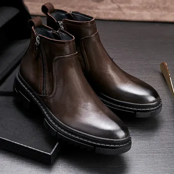 Мужские ботинки из натуральной кожи, кожаные ботинки в стиле ретро, модный тренд, кожаные ботинки Martin на толстой подошве, зимние ботильоны с круглым носком на молнии