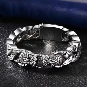 Мужской браслет Buddhastone Leopard Серебристого цвета с двойной головой леопарда, браслеты для женщин, винтажные ювелирные изделия на цепочке для рук