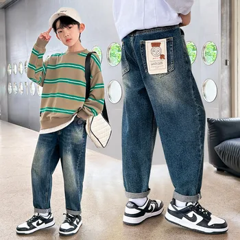 Новая джинсовая одежда для мальчиков 4-14 лет, детские ковбойские длинные брюки, детские джинсовые брюки, весенне-осенняя одежда для мальчиков, повседневные джинсы-стрейч
