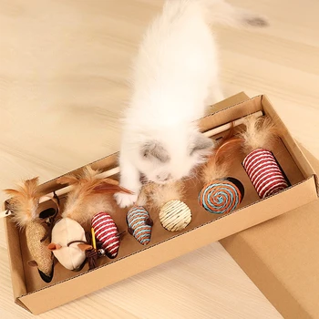 Новые зоотовары Забавный набор кошачьих палочек, игрушка с деревянной ручкой, Пеньковая веревка, Маленькая мышь, набор из 7 предметов, интерактивная игрушка для домашних животных с кошачьей палочкой