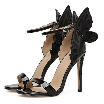 Новые Сексуальные женские Босоножки на высоком каблуке с пряжкой в виде бабочки, ремешок из лакированной кожи на тонком каблуке 11 см, Модная летняя обувь для девочек Черного цвета