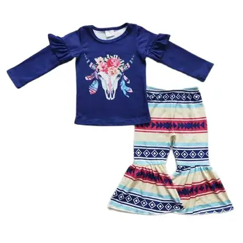 Новый дизайн, модные темно-синие футболки с цветочным принтом коровы, Брюки в полоску, комплекты одежды из 2 предметов, весенние костюмы для девочек, наряды
