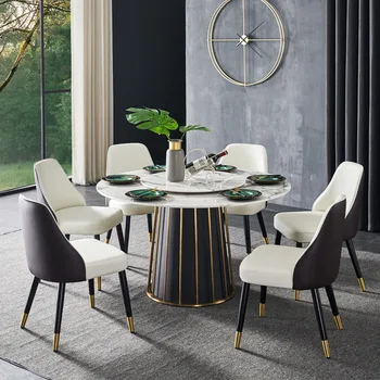 Обеденный стол в скандинавском стиле, современный минималистичный домашний мраморный круглый обеденный стол и стулья в сочетании