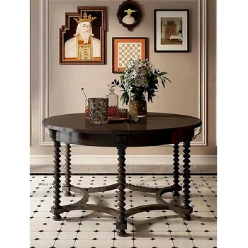 Обеденный стол из массива дерева в стиле ретро Американский Черно-белый Светлый Роскошный Современный Простой Круглый стол для вечеринок со стульями Мебель для дома