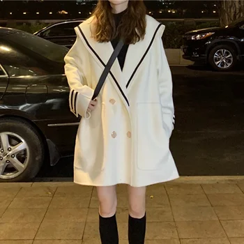 Осенняя новинка, женская однотонная теплая верхняя одежда средней длины в корейском стиле, женские пальто из искусственной шерсти, темно-синее шерстяное пальто с лацканами