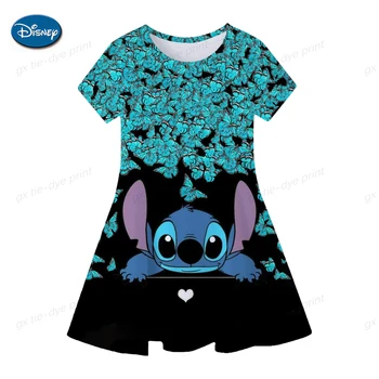 Повседневная одежда Disney с круглым вырезом для девочек, летнее детское платье Disney Lilo & Stitch с милым рисунком бабочки для девочек