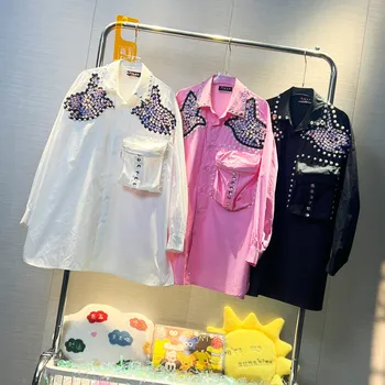 Рубашка с пайетками в стиле пэчворк на весну-осень, блузка с длинным рукавом, женская повседневная Свободная верхняя одежда больших размеров