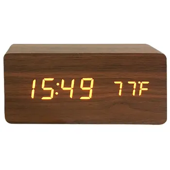 Светодиодный деревянный будильник с голосовым управлением отключением температуры, Цифровой будильник для спальни, Электронные настольные часы с питанием от USB / AAA