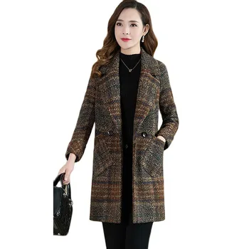 Шерстяное пальто для женщин среднего возраста, весна-осень, повседневное клетчатое пальто средней длины, хлопковая зимняя шерстяная куртка, женские топы