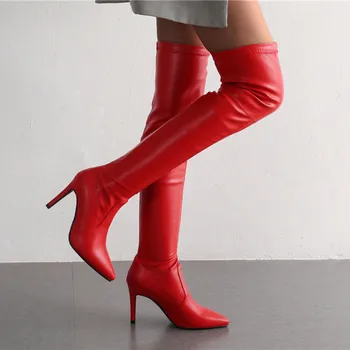Эластичные сапоги до бедра, женская обувь на шпильках, пикантные ботфорты выше колена, женские длинные вечерние танцевальные ботинки, красный, черный